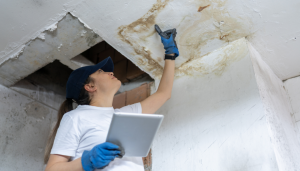 Frau prüft einen Wasserschaden