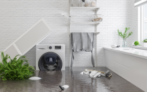 Waschmaschine weißer Schrank mit Wasser im Bad