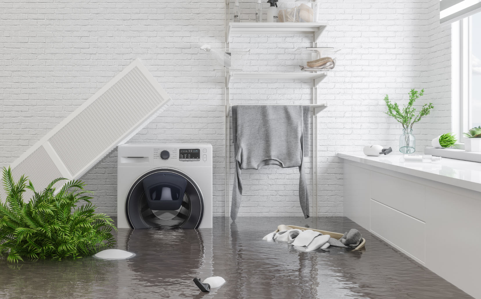 Waschmaschine weißer Schrank mit Wasser im Bad